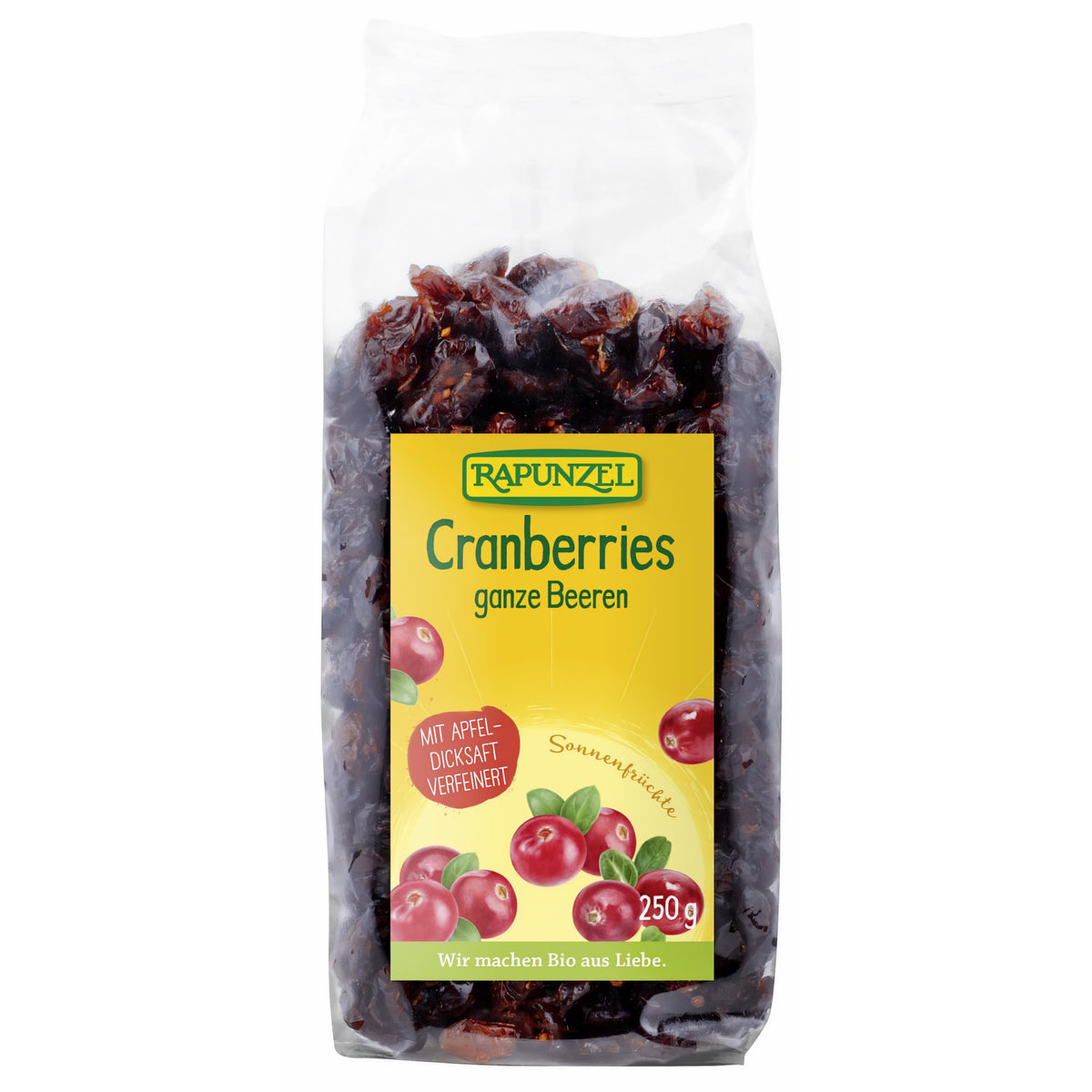 Getrocknete Bio-Cranberries von Rapunzel, natürliche Früchte, ideal für Snacks und Müsli, ab 250g Packung.