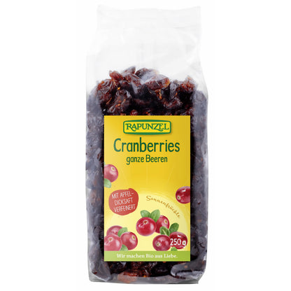 Getrocknete Bio-Cranberries von Rapunzel, natürliche Früchte, ideal für Snacks und Müsli, ab 250g Packung.