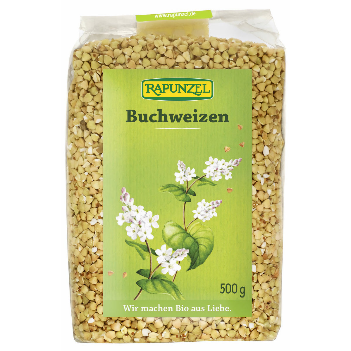 Bio Buchweizen von Rapunzel, für das Kochen geeignet, in einer 500g Packung, mit braunen Körnern auf weißem Hintergrund