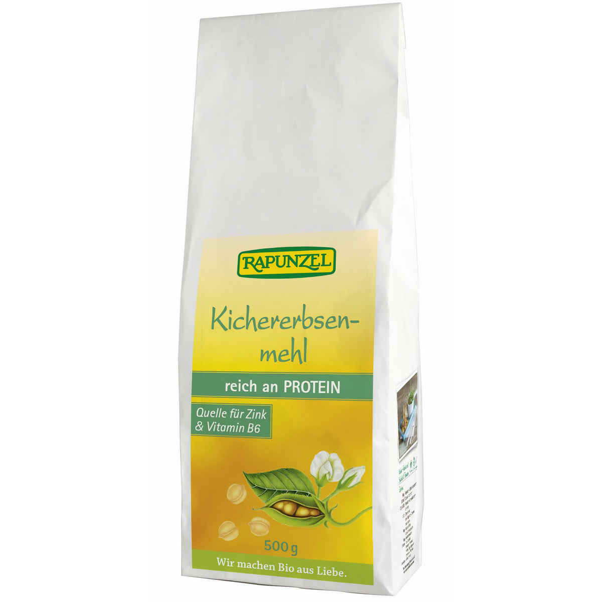 Geröstetes Bio Kichererbsenmehl von Rapunzel, 500g, feines Mehl für das Kochen in der Küche, Nahaufnahme der Verpackung