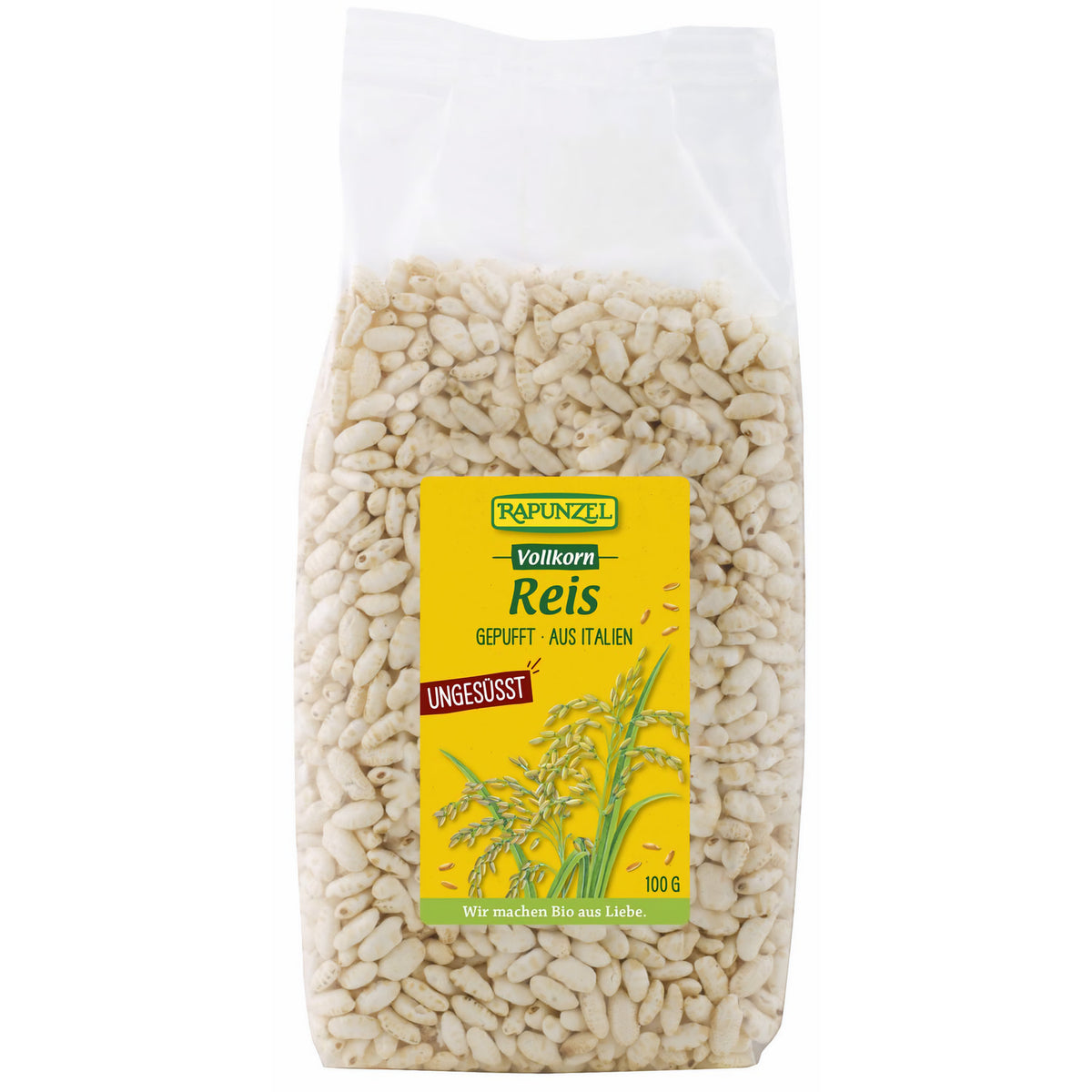 Bio Vollkorn-Reis von Rapunzel, gepufft, für Kochen, sichtbar in der Verpackung auf weißem Hintergrund