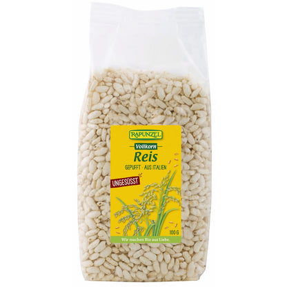 Bio Vollkorn-Reis von Rapunzel, gepufft, für Kochen, sichtbar in der Verpackung auf weißem Hintergrund