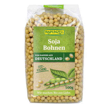 Bio Sojabohnen von Rapunzel in 500g-Packung, ideal zum Kochen, sichtbar in der Verpackung.