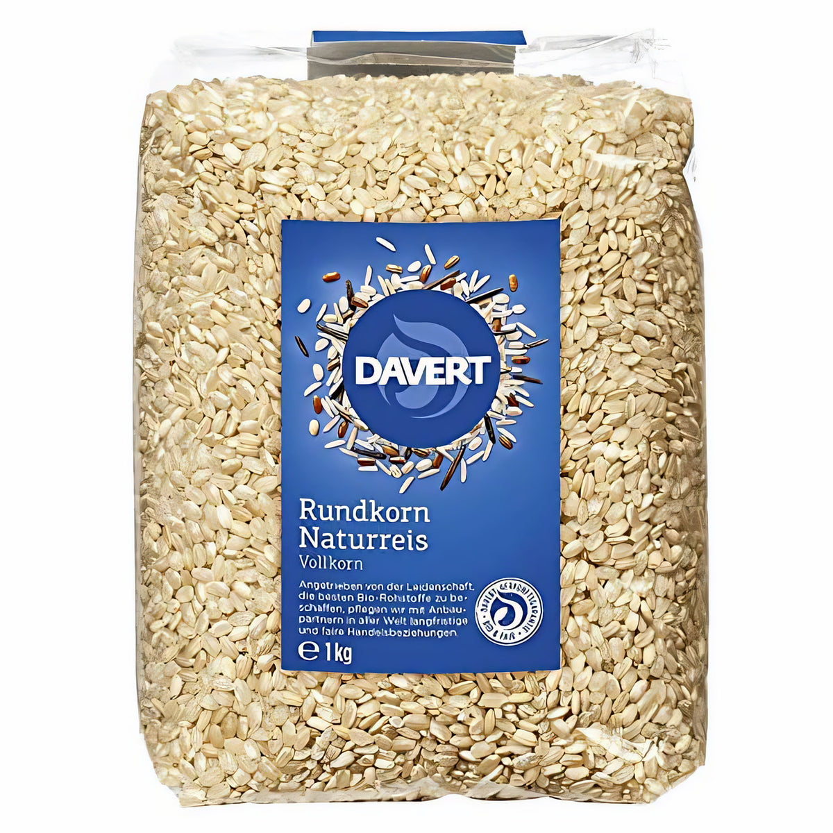 Davert Rundkornreis natur, 1 kg, Nahaufnahme der verschlossenen Packung vor weißem Hintergrund.