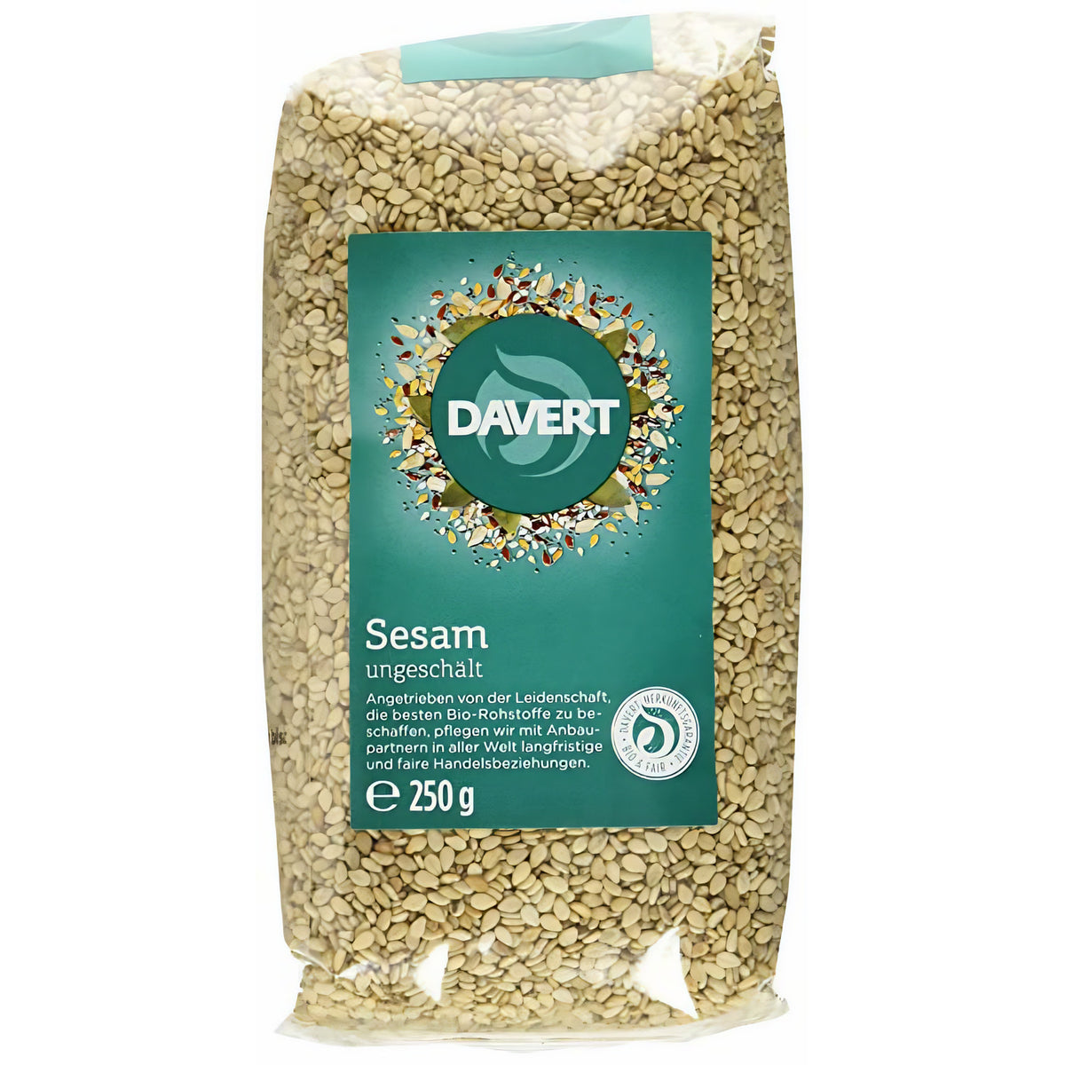 Bio Sesam ungeschält von Davert in 250g Verpackung, ungeöffneter Sesam mit sichtbarer brauner Schale für Kochen und Backen