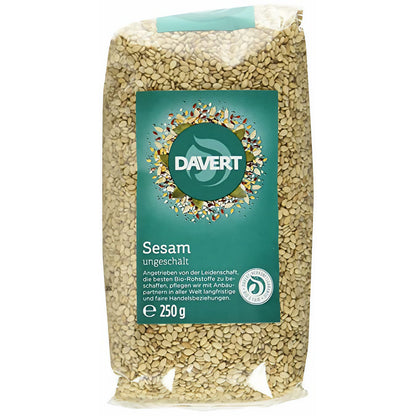 Bio Sesam ungeschält von Davert in 250g Verpackung, ungeöffneter Sesam mit sichtbarer brauner Schale für Kochen und Backen