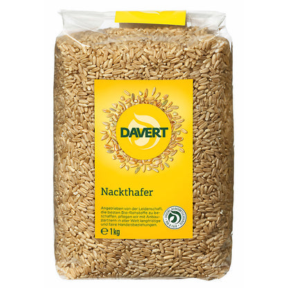Bio Nackthafer von Davert, unverarbeiteter Hafer in Naturqualität, in einer 1 kg Packung für gesunde Ernährung.