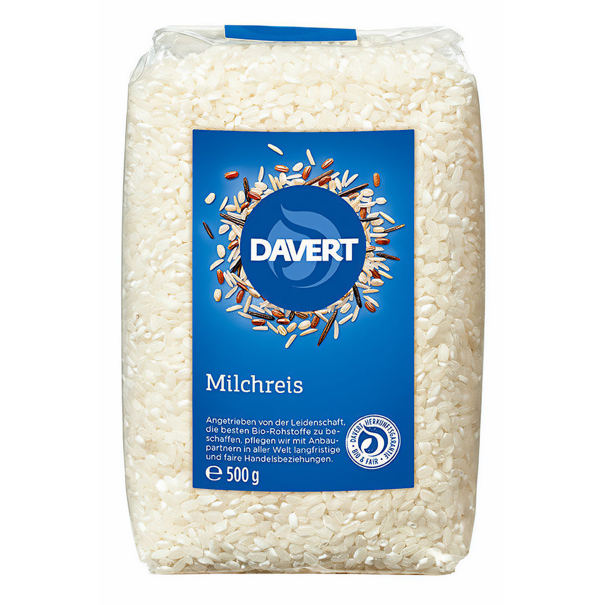 Bio Milchreis von Davert in einer Schüssel, zum Kochen geeignet, cremig und frisch, in einer 500 g Packung.