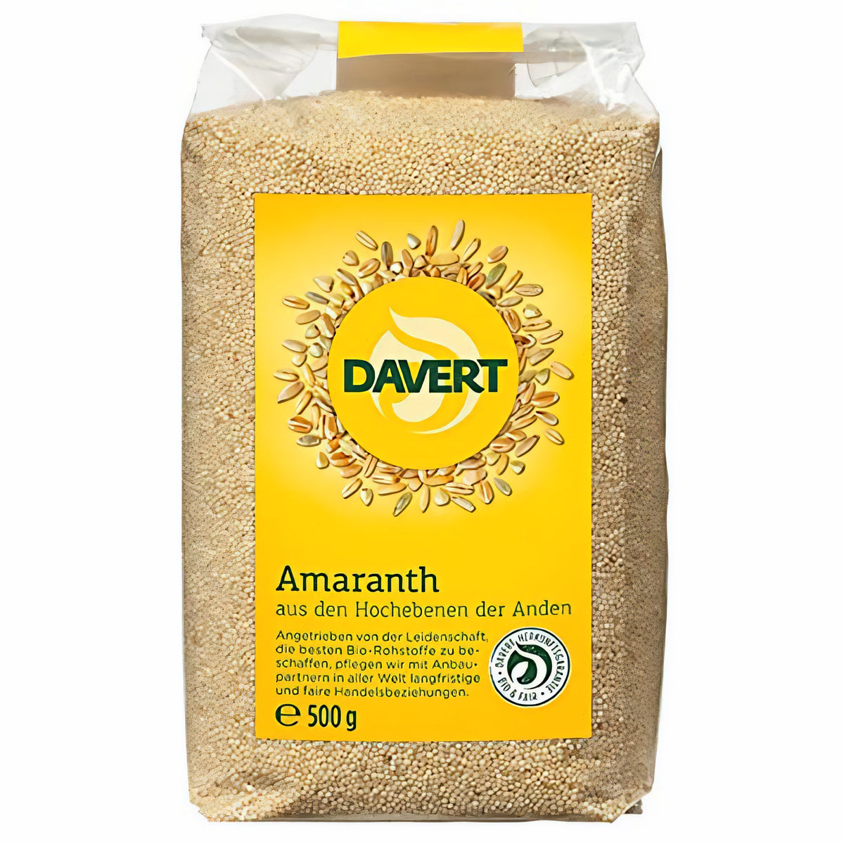 Bio Amaranth von Davert zum Backen in 500g Packung, Nahaufnahme der Amaranth-Körner in einer Verpackung