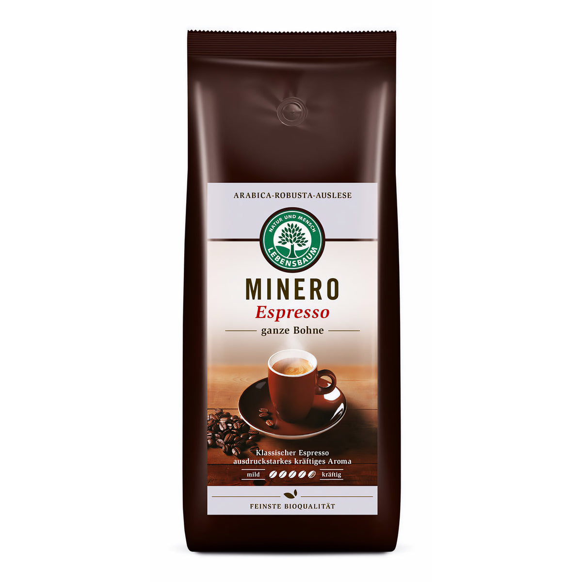 Lebensbaum Bio Espresso Minero Bohnen für Frühstück, 1kg, frisch geröstete Kaffeebohnen in einer Verpackung.
