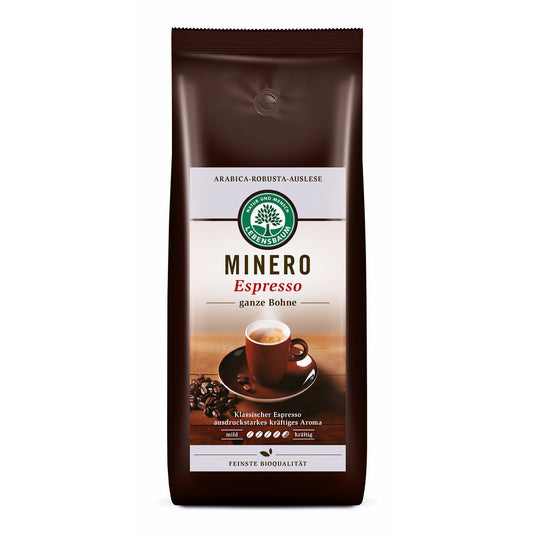 Lebensbaum Bio Espresso Minero Bohnen für Frühstück, 1kg, frisch geröstete Kaffeebohnen in einer Verpackung.