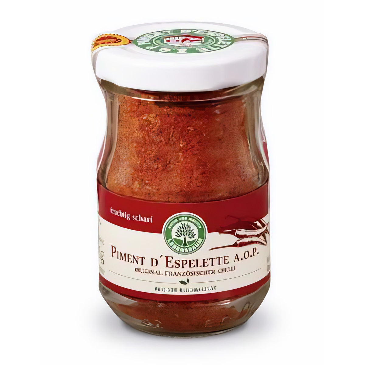Lebensbaum Piment d'Espelette A.O.P., französischer Chili-Gewürz, in 50 g Verpackung, mit roten getrockneten Chilis.