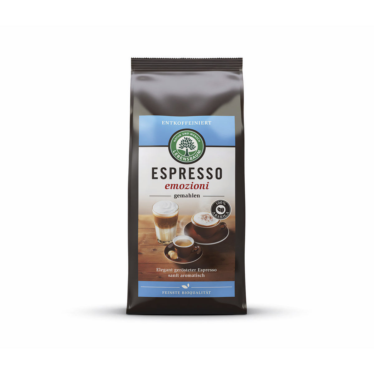Lebensbaum bio Solea Espresso gemahlen, entkoffeiniert, für Frühstück, in Verpackung, dunkler Kaffee, für Espressozubereitung