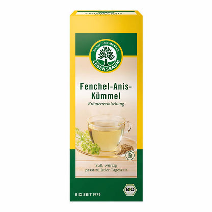 Bio Tee Fenchel-Anis-Kümmel von Lebensbaum, Frühstückstee mit Kräutern, in 50g Packung, frisch und aromatisch.