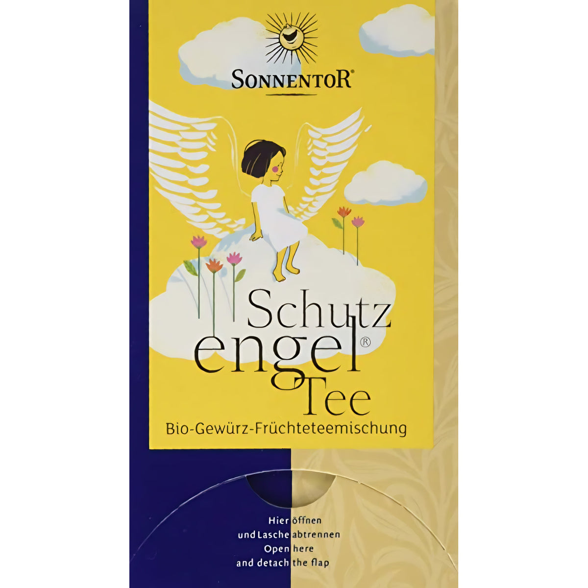 Sonnentor Bio Schutzengel-Tee Teebeutel mit 27g, frisch verpackt, zeigt Teebeutel und Verpackung mit Bio-Label.
