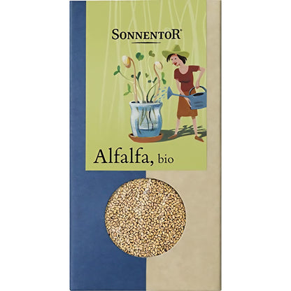 Bio Alfalfa-Samen von Sonnentor in einer transparenten Schüssel, ideal zum Kochen und für frische Salate.