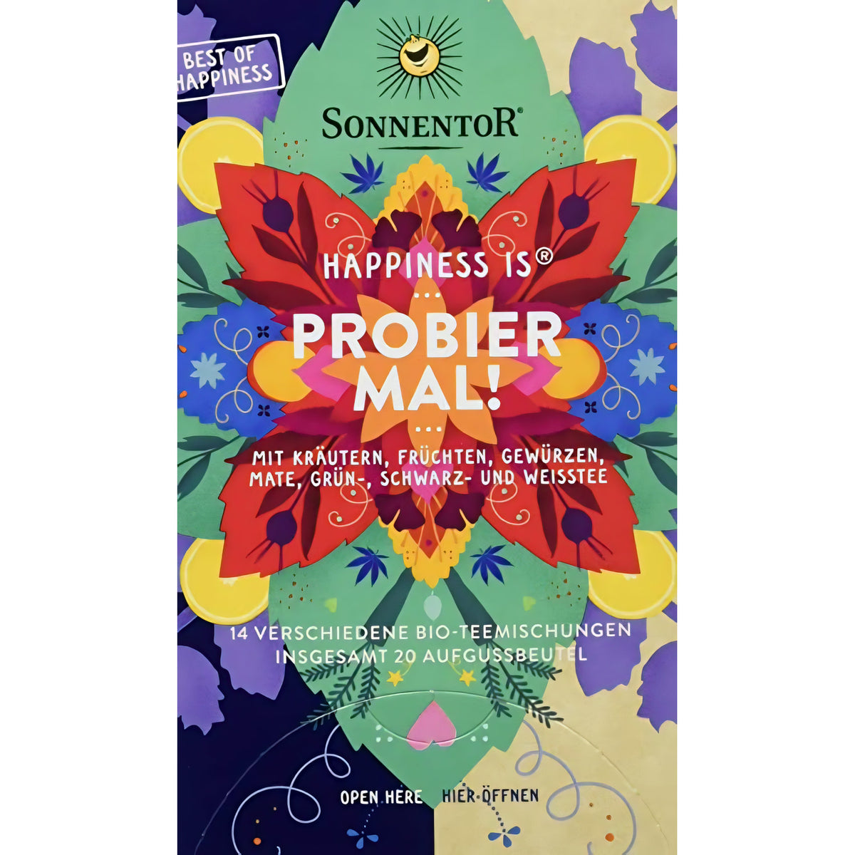 Bio Tee Probier mal! Sonnentor, 32g, frischer Kräutertee in einer offenen Packung mit Teeblättern und Kräutern.