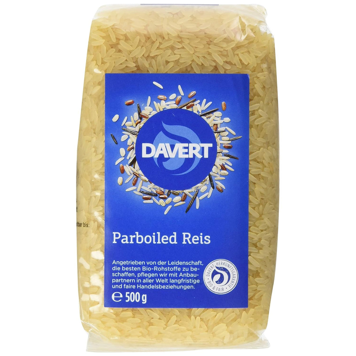 Vorderansicht der Packung Davert Bio Parboiled Reis, Langkorn, weiß, 4x500g, mit Reis im Kochprozess in einer Schüssel