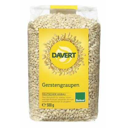Bio Gerstengraupen von Davert, natürliche Kochen-Zutat, sichtbare goldene Gerstenkörner in 500g Packung