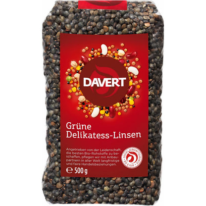 Bio grüne Delikatess-Linsen von Davert in 500g Packung, zum Kochen, frische und gesunde Hülsenfrüchte.