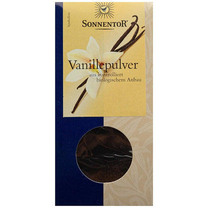 Bio Vanillepulver von Sonnentor in einer Gewürzdose, zum Kochen geeignet, mit Vanilleschoten und Pulver sichtbar.