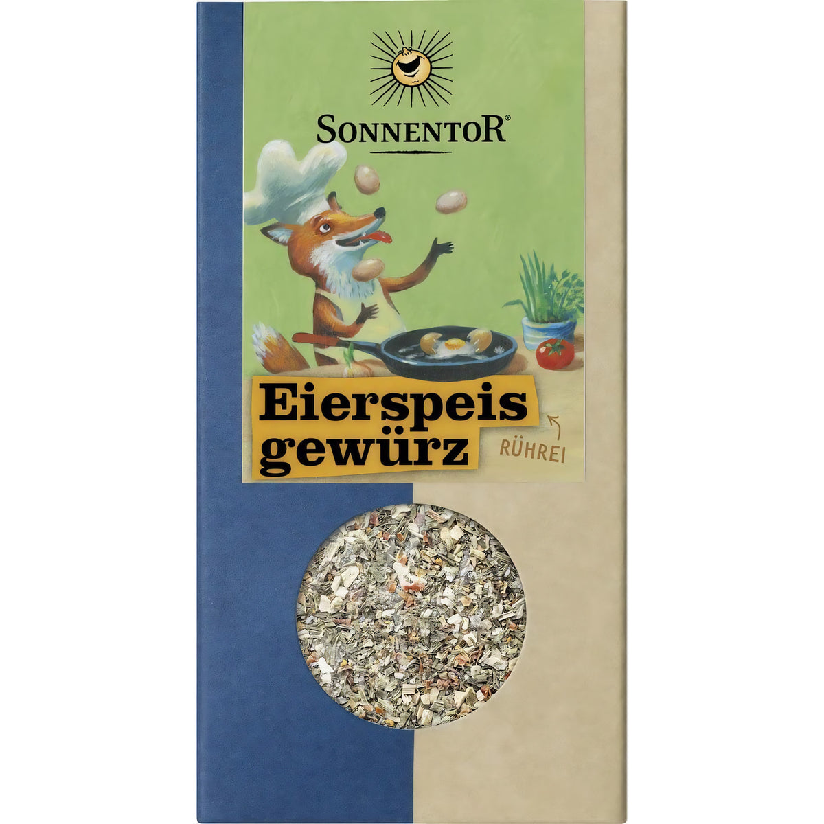 Bio Eierspeisgewürz von Sonnentor, ab 70g, in einer transparenten Gewürzdose mit verschiedenen getrockneten Kräutern und Gewürzen.