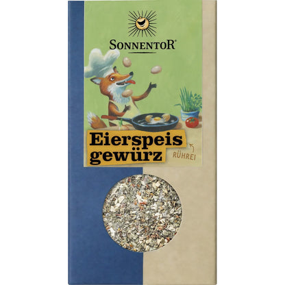 Bio Eierspeisgewürz von Sonnentor, ab 70g, in einer transparenten Gewürzdose mit verschiedenen getrockneten Kräutern und Gewürzen.