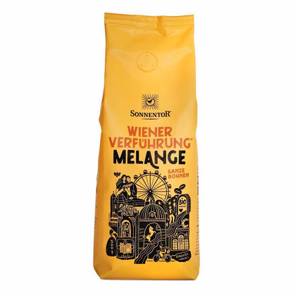 Sonnentor Wiener Verführung Melange Kaffee, frisch gemahlene Bohnen in 500g Packung für Frühstückskaffee.