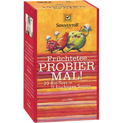 Sonnentor Bio Früchtetee Probier Mal, 20 Tees in 11 Sorten, fruchtiges Tee-Set in 47g Verpackung