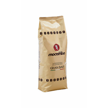 Mocambo Gran Bar Frühstück, 1kg, abgebildet in einer Packung mit gerösteten Kakaobohnen und Textur.