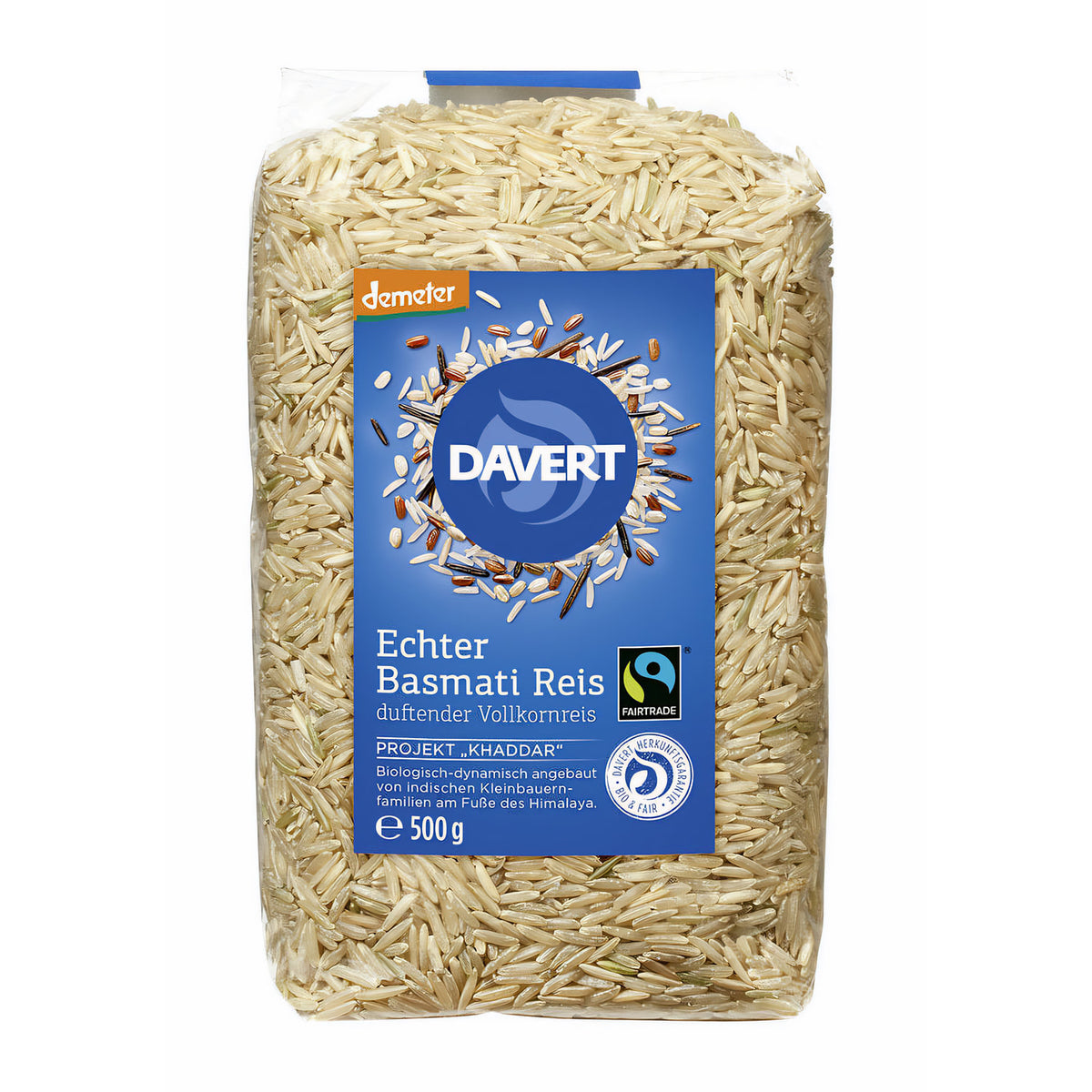 Bio Basmati Reis von Davert, braun und ungekocht, in einer 500g Packung, perfekt zum Kochen und gesunden Essen.