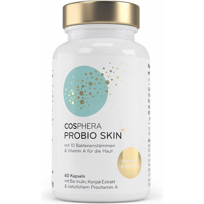 Hochdosierte Cosphera Probio Skin Kapseln, probiotisches Nahrungsergänzungsmittel in 60 Kapseln, für gesunde Haut und Darm.