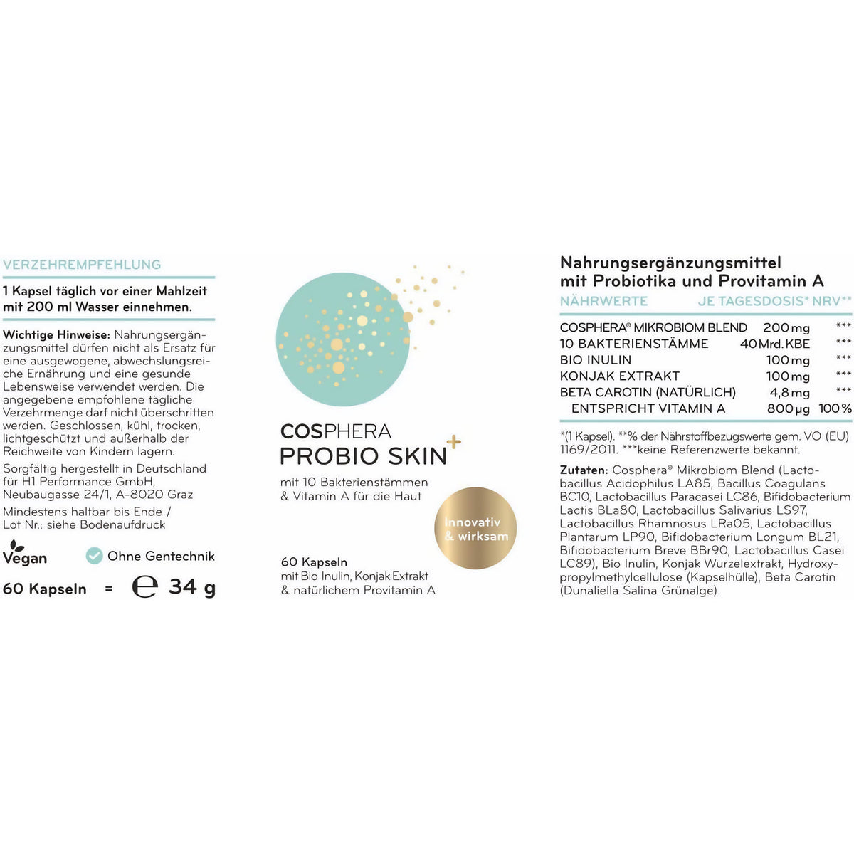 Cosphera Probio Skin Kapseln, hochdosiertes Probiotikum in einer weißen Flasche mit 60 Kapseln, Nahrungsergänzungsmittel, Nahaufnahme