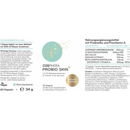 Cosphera Probio Skin Kapseln, hochdosiertes Probiotikum in einer weißen Flasche mit 60 Kapseln, Nahrungsergänzungsmittel, Nahaufnahme