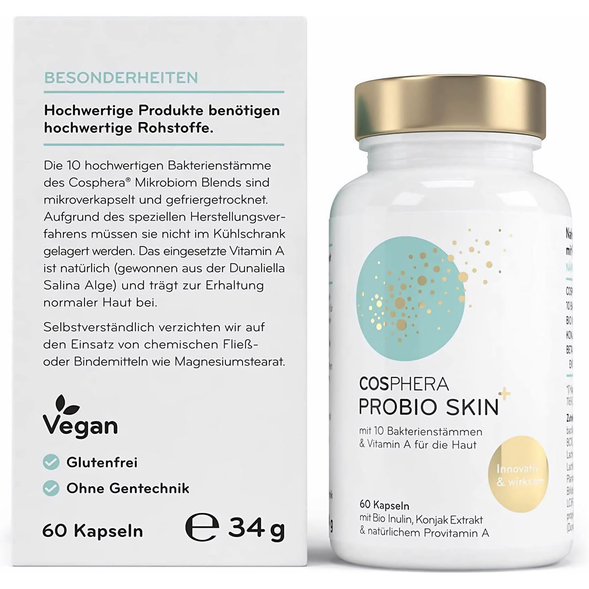 Hochdosierte Cosphera Probio Skin Kapseln in einer weißen Packung, 60 Kapseln, Nahrungsergänzung für gesunde Haut.