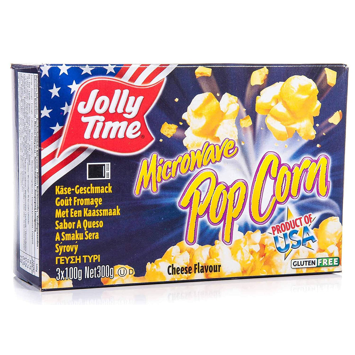 Jolly Time Mikrowellen Popcorn mit Käse, Snacks, 3 x 100 g, goldener Popcorn mit Käsegeschmack in Mikrowellenverpackung