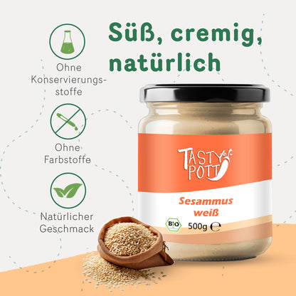 Sesammus weiß - Bio Sesammus Tahin | 500 g Glas Tasty Pott - fit and life shop