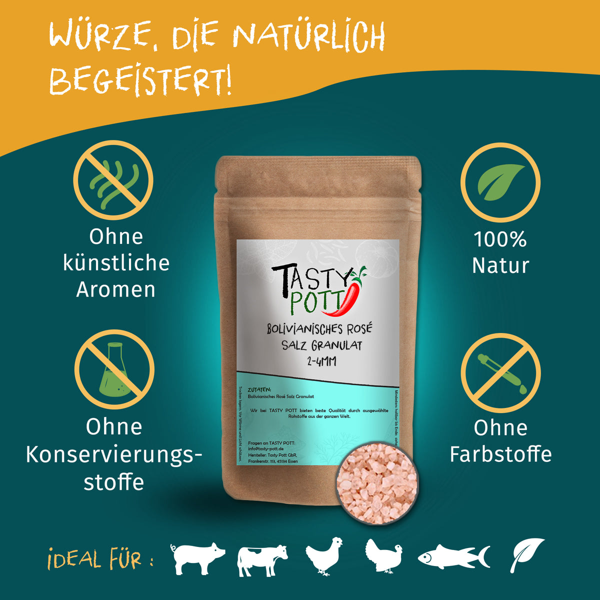 Bolivianisches Rosé Salz Granulat (2-4mm) 100g Dose von Tasty Pott - fit and life shop