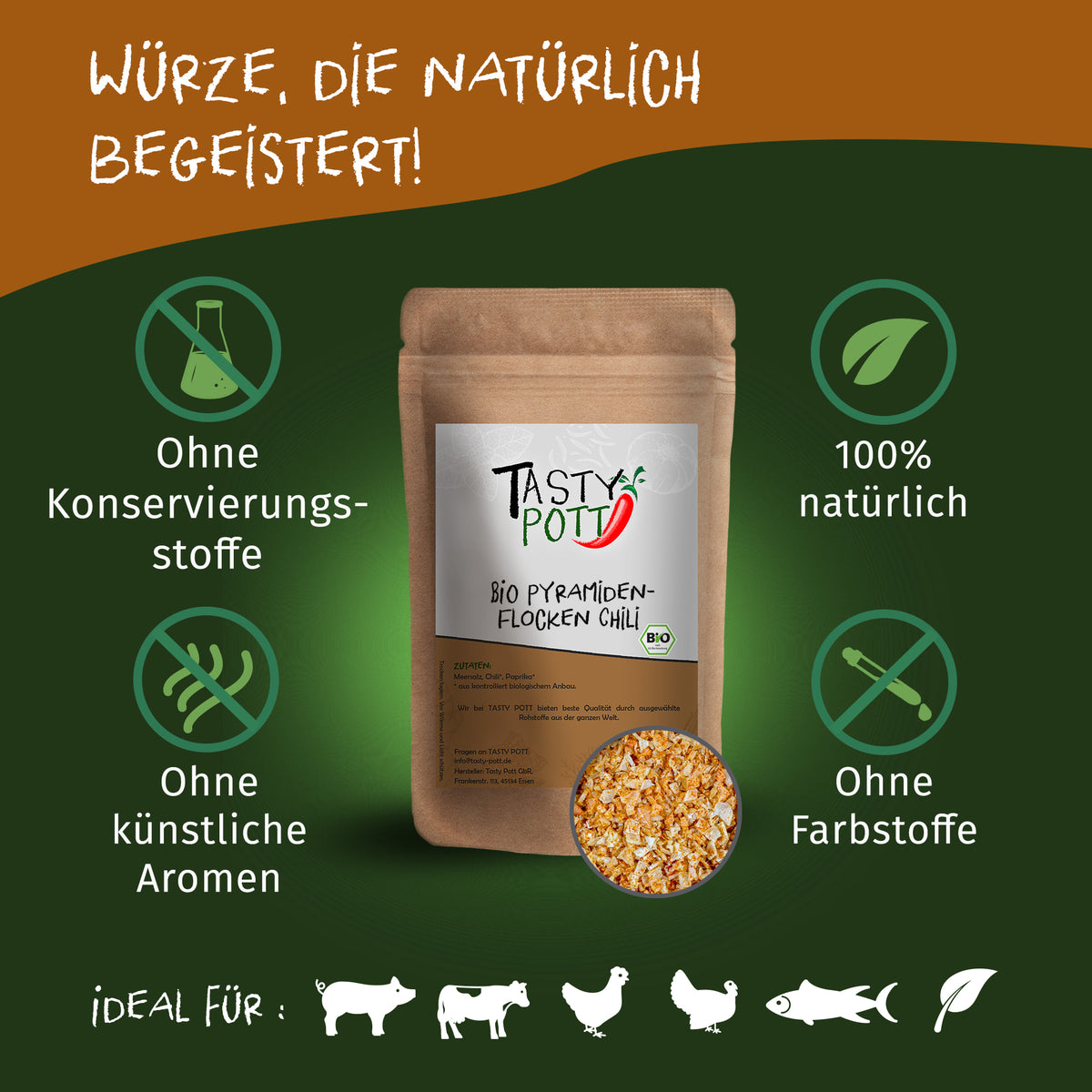 Pyramiden Flocken Chili - Bio Pyramidensalz | 85g Dose Tasty Pott - fit and life shop