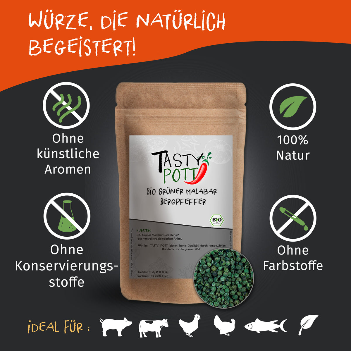 Tasty Pott Bio Grüner Malabar Bergpfeffer Nachfüllbeutel - fit and life shop