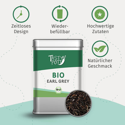 TASTY-POTT Bio Earl Grey Tee in Dose mit Bergamotte, frisch und aromatisch, sichtbar in der Dose, 50g oder mehr.