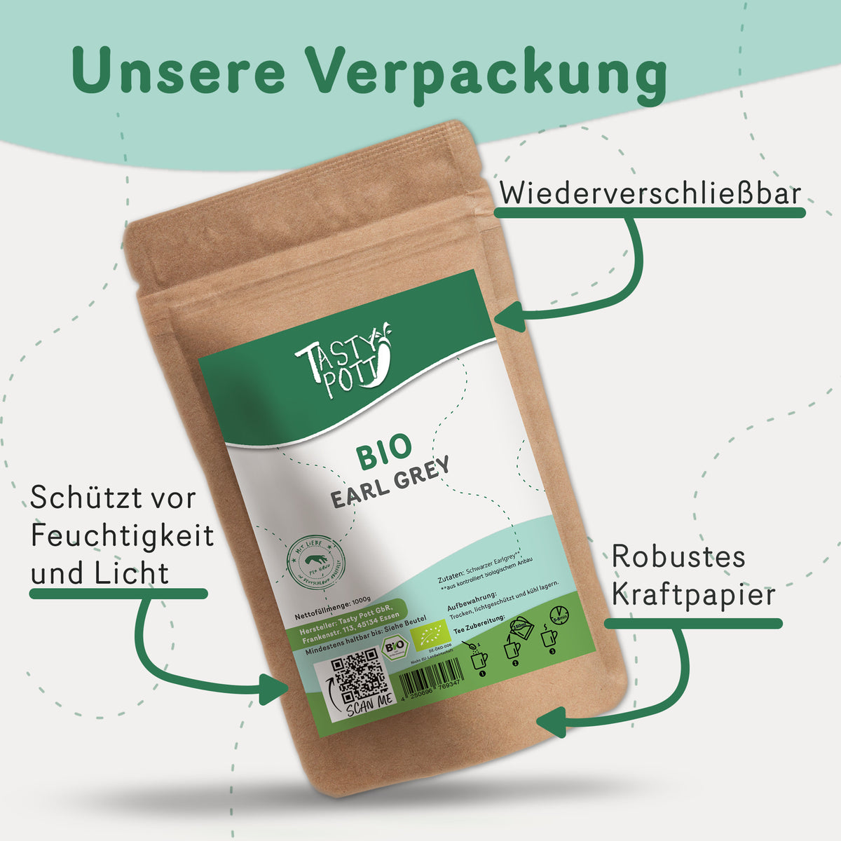 Döschen mit Tasty Pott Bio Earl Grey Tee mit Bergamotte, 50g, aromatischer Schwarztee in Verpackung
