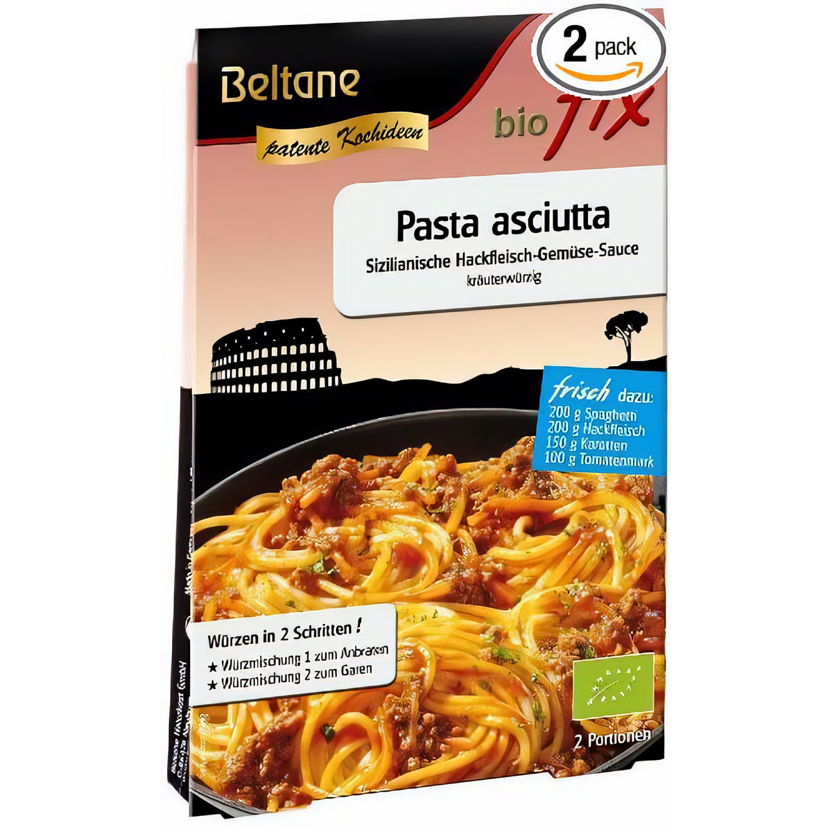 Beltane Biofix Pasta Asciutta, ab 2x 29,8g Packung, ungekochte Bio-Pasta in einer weißen Verpackung mit Pasta-Form