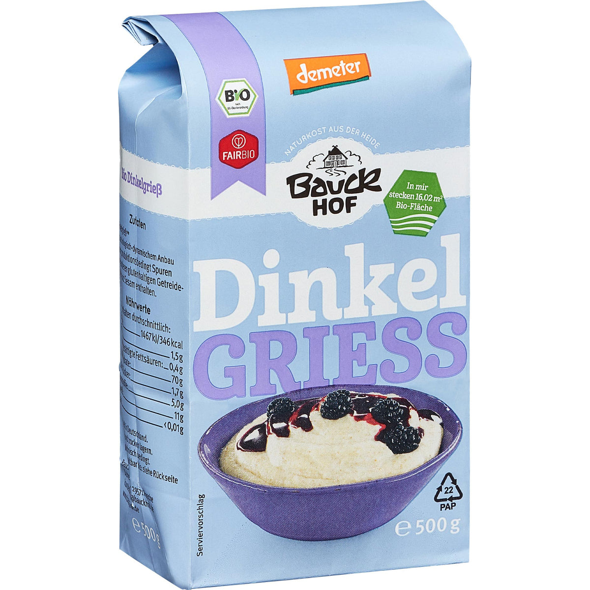 Bio Dinkel Vollkorngrieß von Bauckhof, Frühstücksprodukt, in 500g Packung, zeigt eine Schüssel mit gekochtem Dinkelgrieß