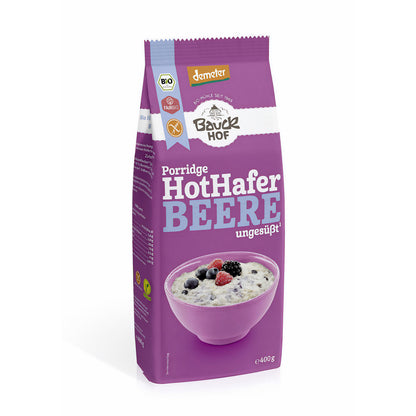 Bio Hot Hafer Beere Frühstück von Bauckhof, glutenfrei, Demeter, in 400g Packung, warm serviert mit Beeren und Sirup