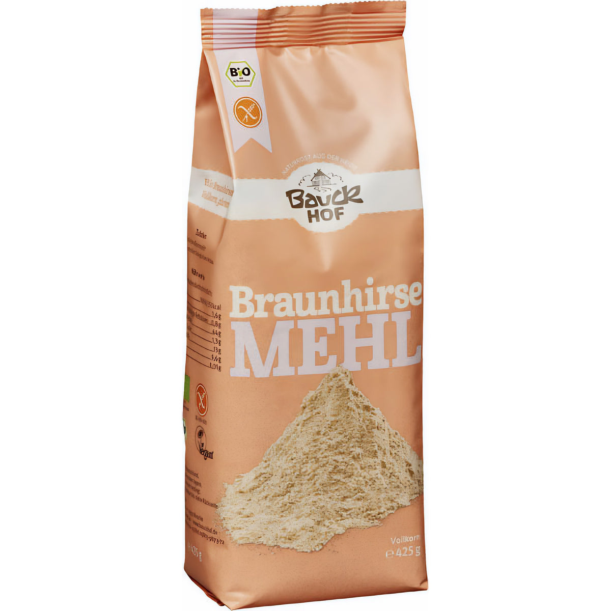 Vollkorn-Braunhirsemehl von Bauckhof, glutenfrei, zum Backen, in 425g-Packung, feines braunes Mehl für gesunde Rezepte
