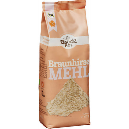 Vollkorn-Braunhirsemehl von Bauckhof, glutenfrei, zum Backen, in 425g-Packung, feines braunes Mehl für gesunde Rezepte