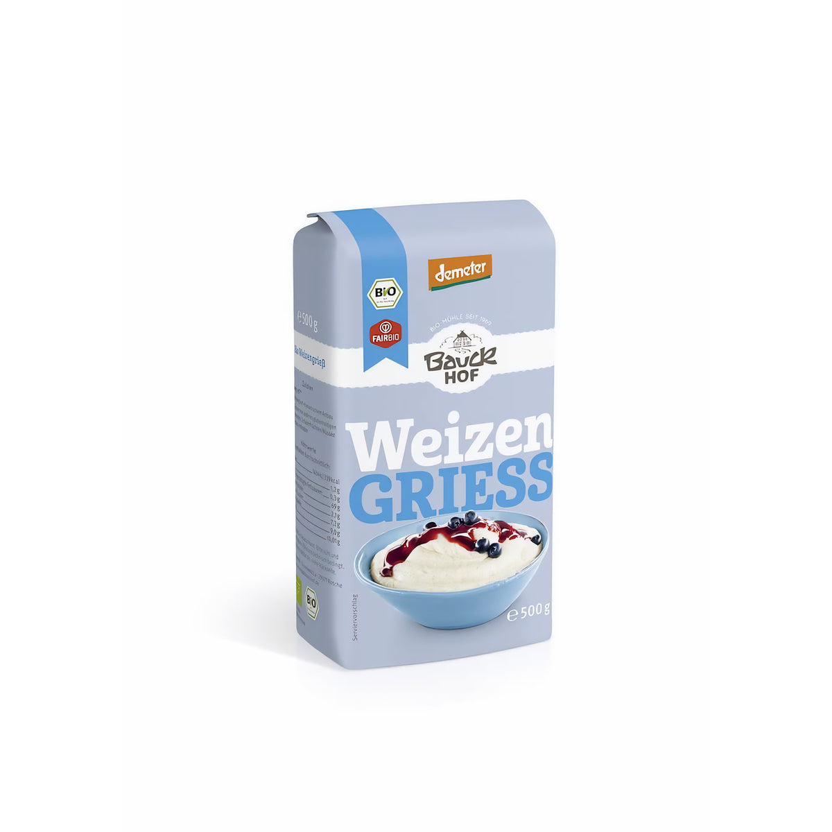 Bio Weizengrieß von Bauckhof, Demeter-Qualität, in einer Verpackung mit 2 x 500 g für Kochen und Backen.