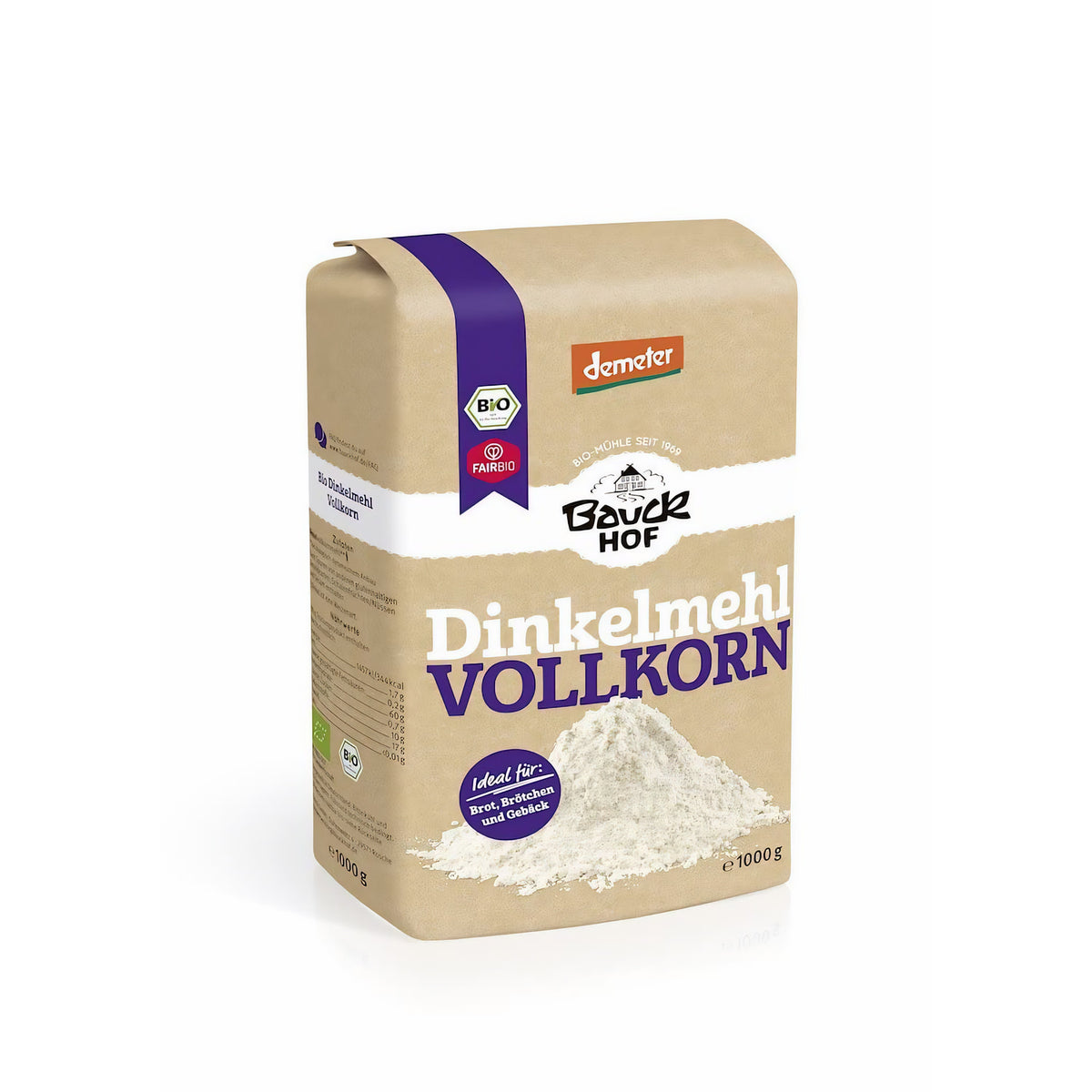 Vollkorn Dinkelmehl Bio von Bauckhof, Demeter-Qualität, in 1kg-Packung, zum Kochen und Backen, mit Mehl in der Verpackung.