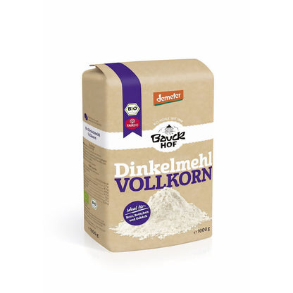 Vollkorn Dinkelmehl Bio von Bauckhof, Demeter-Qualität, in 1kg-Packung, zum Kochen und Backen, mit Mehl in der Verpackung.